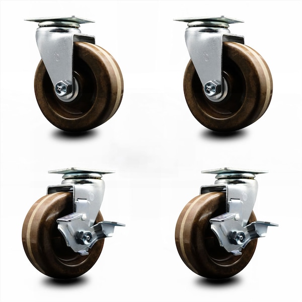 5 Inch High Temp Phenolic Swivel Caster Set with Roller Bearings 2 Brakes SCC